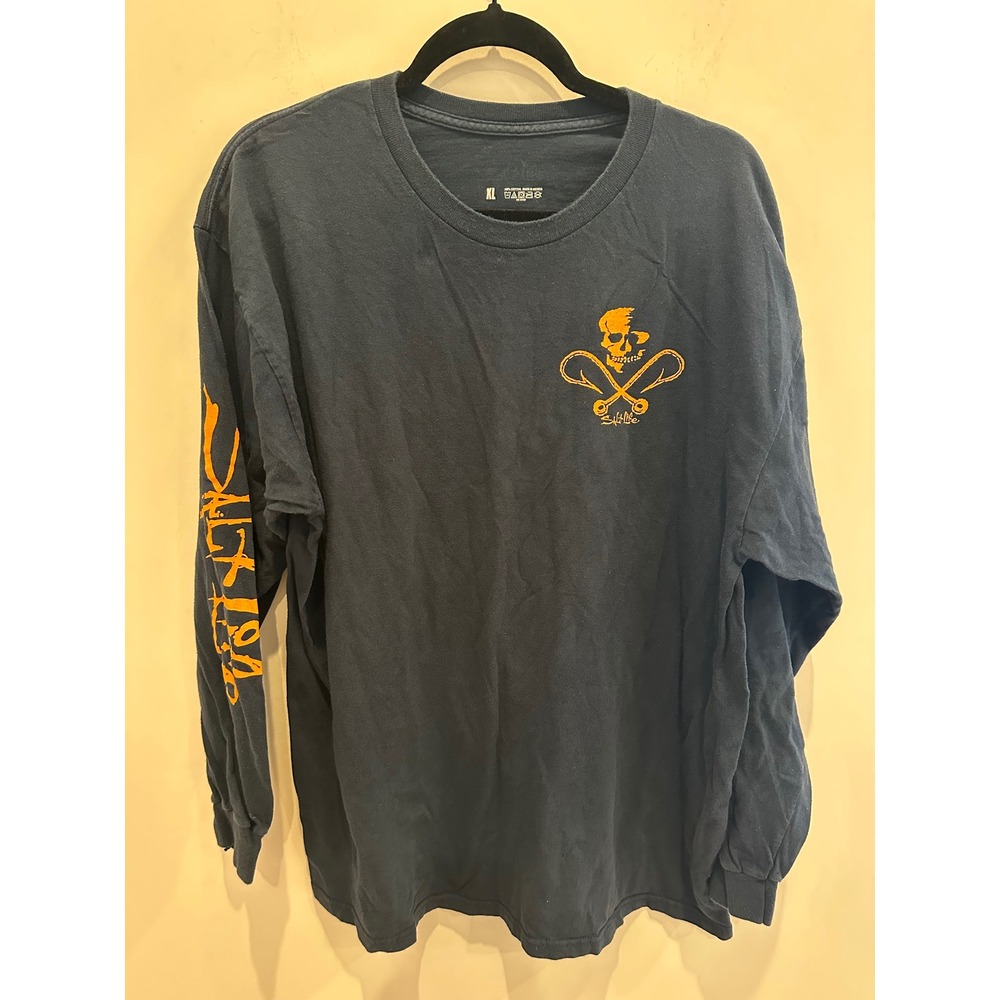 Salt Life Mens XL Long Sleeve T-Shirt Navy Blue Orange Skull Fish Hooks Graphic